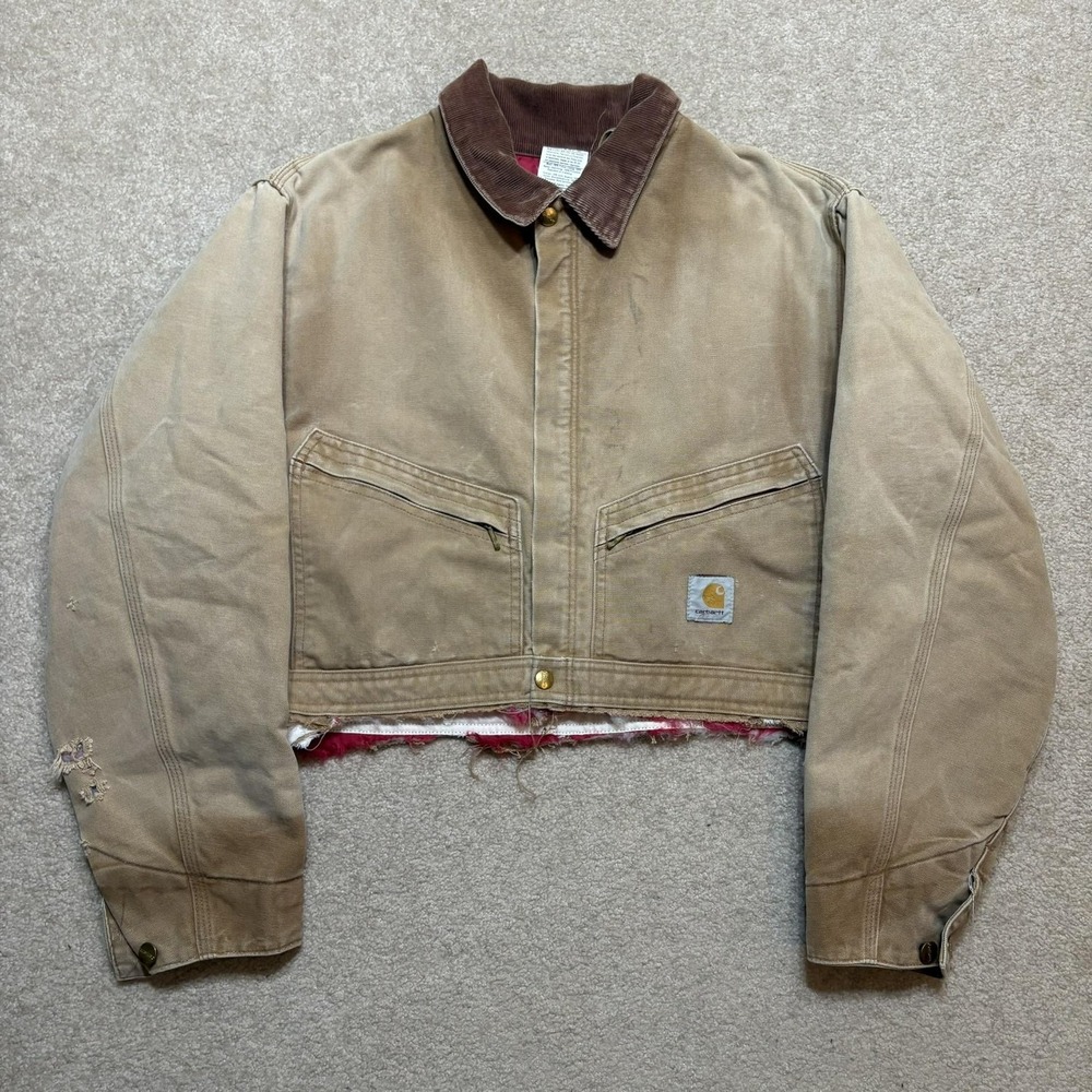 Vtg Carhartt Jacket Mens 46 Brown Canvas Custom Bomber Cropped USA Distressed
